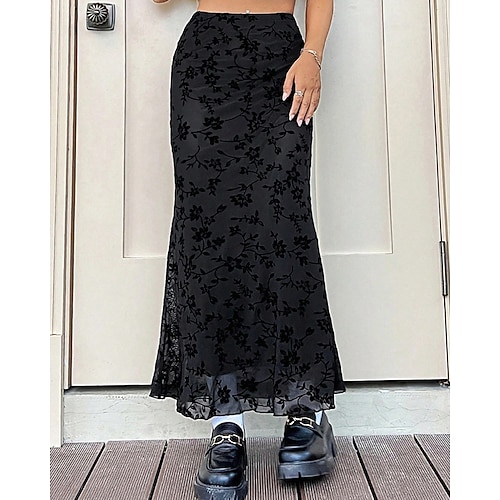 Damen Lässig Midi Mittlere Taille Röcke Blumenmuster Druck Unelastisch Täglich Straße Schwarz Dunkelgrün Frühling Image