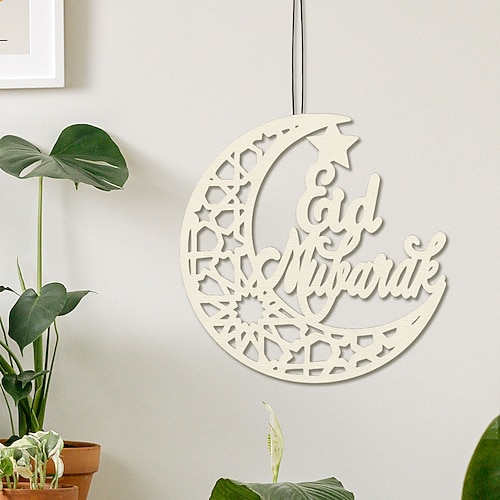 Ramadan-Eid-Wanddeko aus Holz mit Mondmotiv – lasergeschnittene Vintage-Hängedekoration mit floralem Halbmond und Stern, Eid-Ornament für Ramadan, Wanddeko für Zuhause und festliche Image