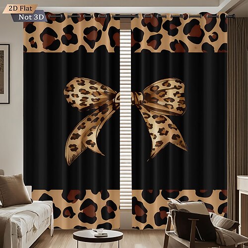 3D-digitalgedruckte, perforierte Verdunkelungsvorhänge mit Leopardenmuster und Schleife, isolierend, für Balkon, Wohnzimmer, Terrasse oder andere Außenbereiche, 2-teiliges Set Image