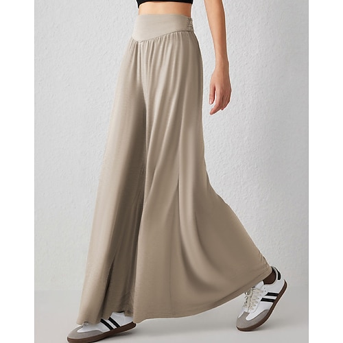 Damen Weites Bein Chinos Urlaub Streetwear Lässig Volle Länge Mittlere Taillenlinie Einfach Elastischer Bund Bequem Atmungsaktiv Mikroelastisch Täglich Outdoor Urlaub Karminrot Hellgrau Dunkelgrau Image