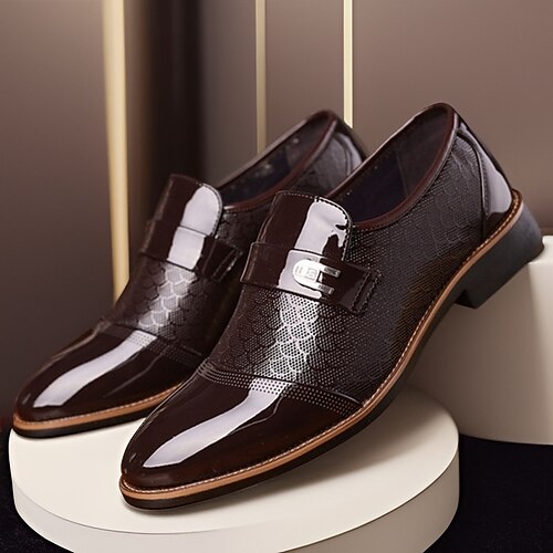 Schwarze Herren-Loafer aus Lack-Kunstleder mit strukturiertem Schuppenmuster und Metallschnalle, elegante Slip-On-Abendschuhe für Hochzeiten, geschäftliche und formelle Anlässe Image