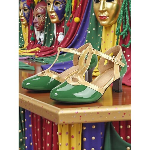 Damen Mardi Gras rote und goldene T-Strap-Absätze mit metallic Akzenten Mary Jane – Perfekt für Karneval Festivals und fröhliche Feiern Image