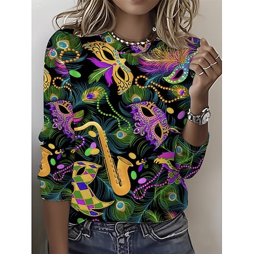 Karneval Damen T-Shirt Grafisch Vintage Mode Stilvoll Kurzarm Crew Neck Rundhals Reguläre Oberteile Daily Weekend Druck Schwarz Grün Sommer Frühling Herbst Image