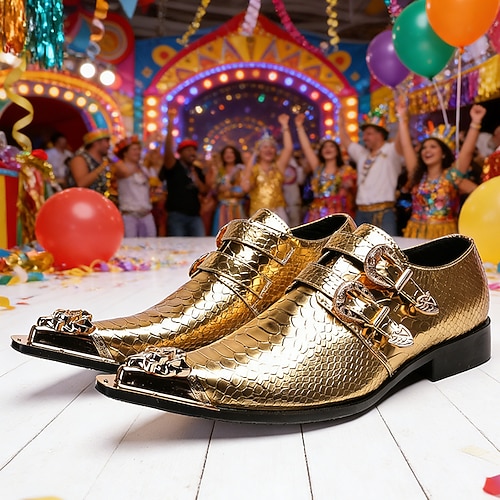 Herren Mardi Gras Gold Schlangen-Druck Doppel-Schnalle Loafer – Luxus 100% Premium Rindsleder Schuhe mit glänzendem Gold-Finish Perfekt für Karneval festliche Partys und besondere Anlässe Image
