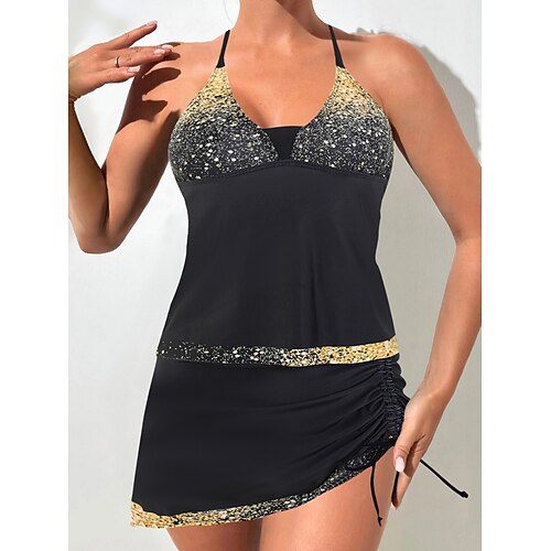 Damen Tankini 2-teilig Badeanzug Rüschen Rock Bauchkontrolle Hohe Taille Schmal Rückenfrei Urlaubs Strandbekleidung Ombre Halter Hals Ärmellose Badeanzüge Image