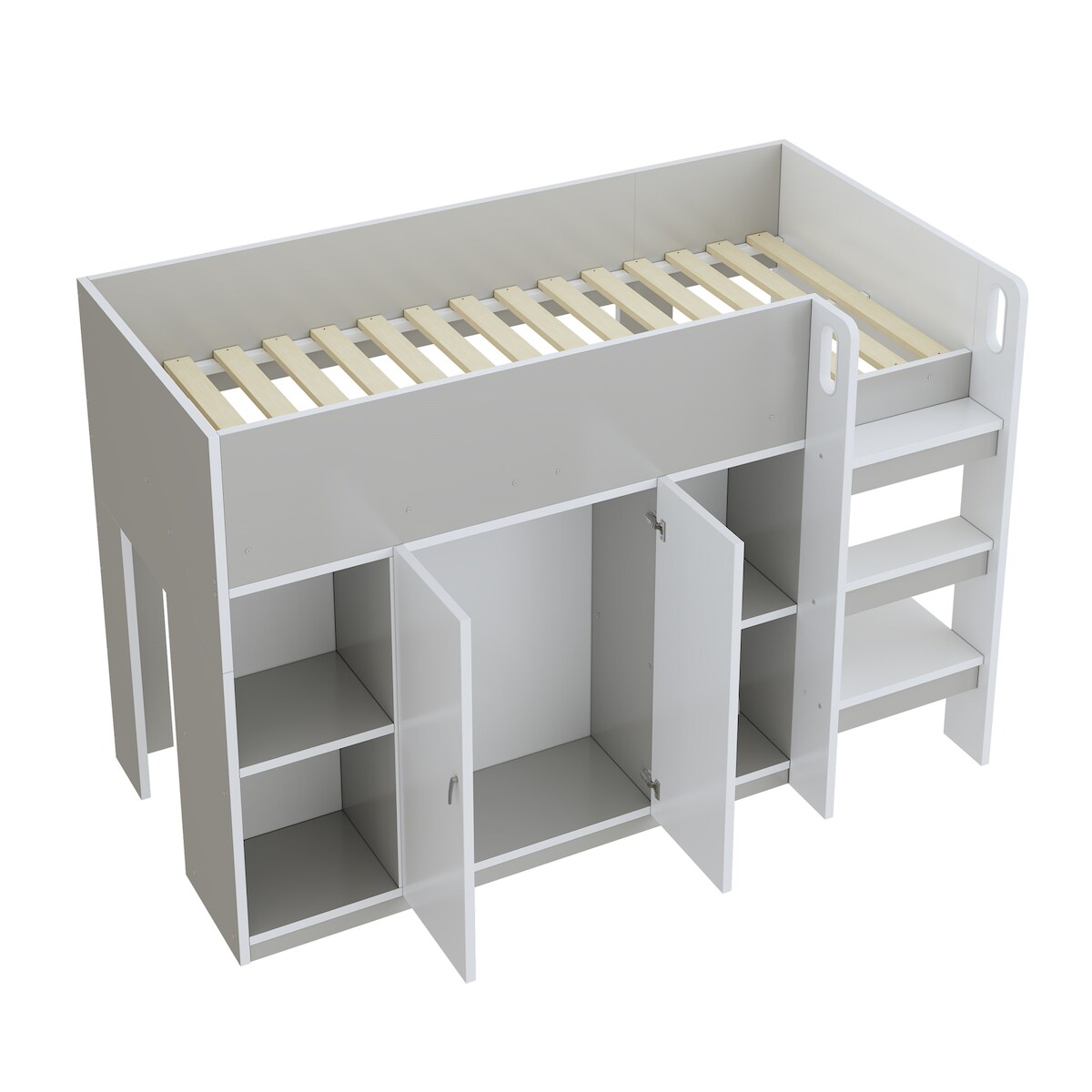 OKWISH Etagenbett Massivholz 90x200 mit Sicherheitstreppe integrierter Leiter Stauraum Regale platzsparend Schlafbereich für Schlafzimmer Grau Image