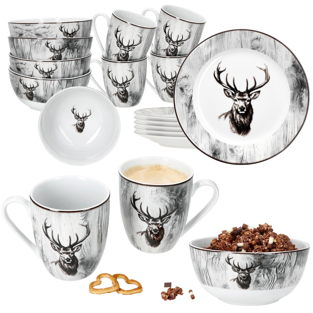 Alois 18tlg Frühstücksset Porzellan Hirsch Holz-Optik Schalen Becher Teller Image