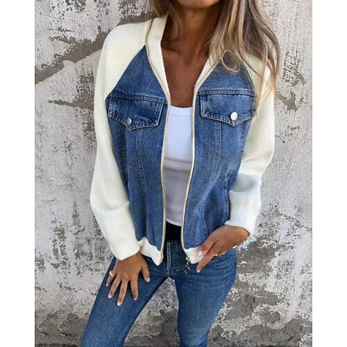 Femmes Veste Décontractée Veste en Jean Chaud Confortable Fermeture éclair Avec Poches Rétro Occasionnel Bloc de Couleur Vacances Maison Tenue quotidienne Sortir Régulier Col montant Coupe régulière