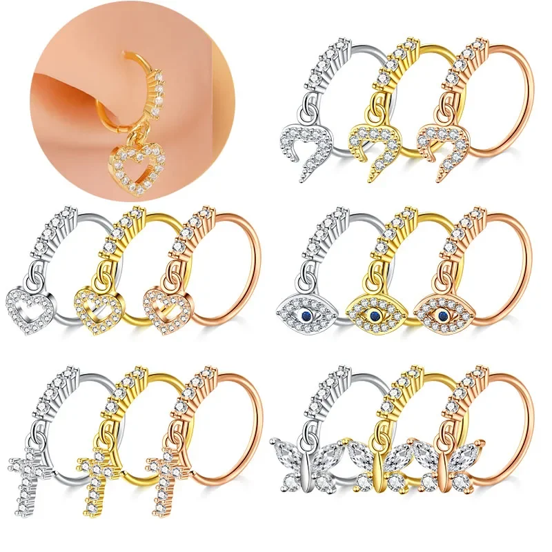 1 Stücke Edelstahl Kleine Nasenringe Herz Stern Schmetterling Baumeln Hoop Nasenringe 18G 20G Zirkon Anhänger Nasenpiercing Schmuck Image
