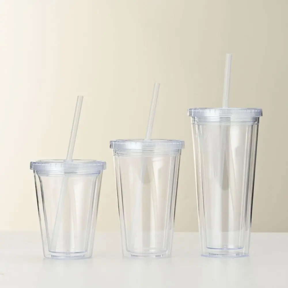 350/450 ml klare Becher Smoothie Tasse transparent mit Deckel und Stroh Eis Kaffeetasse Kunststoff Doppels chicht Wasser flasche Milch Image
