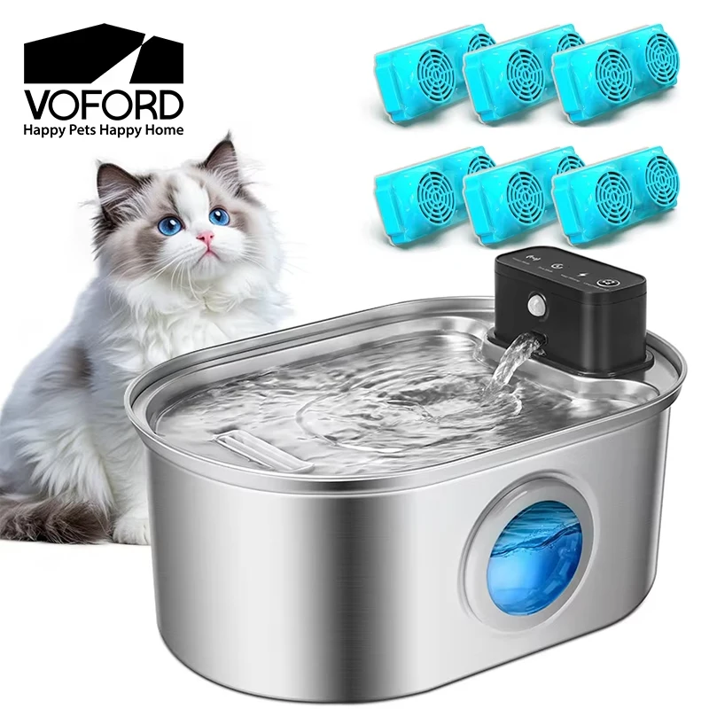 Voford 3,2 l kabelloser Katzen-Wasserbrunnen, Edelstahl-Wasserspender für Haustiere mit Sensor, 4000 mAh Akku, Smart Cats Trinknapf