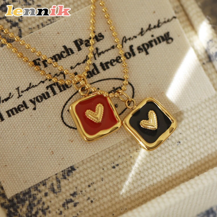 LENNIK Poker-Herz-Halskette, Titanstahl, Schwarz-Rot, koreanische beste Freundin für Damen, Alltag/Versammlung, vielseitig, perfektes Geschenk Image