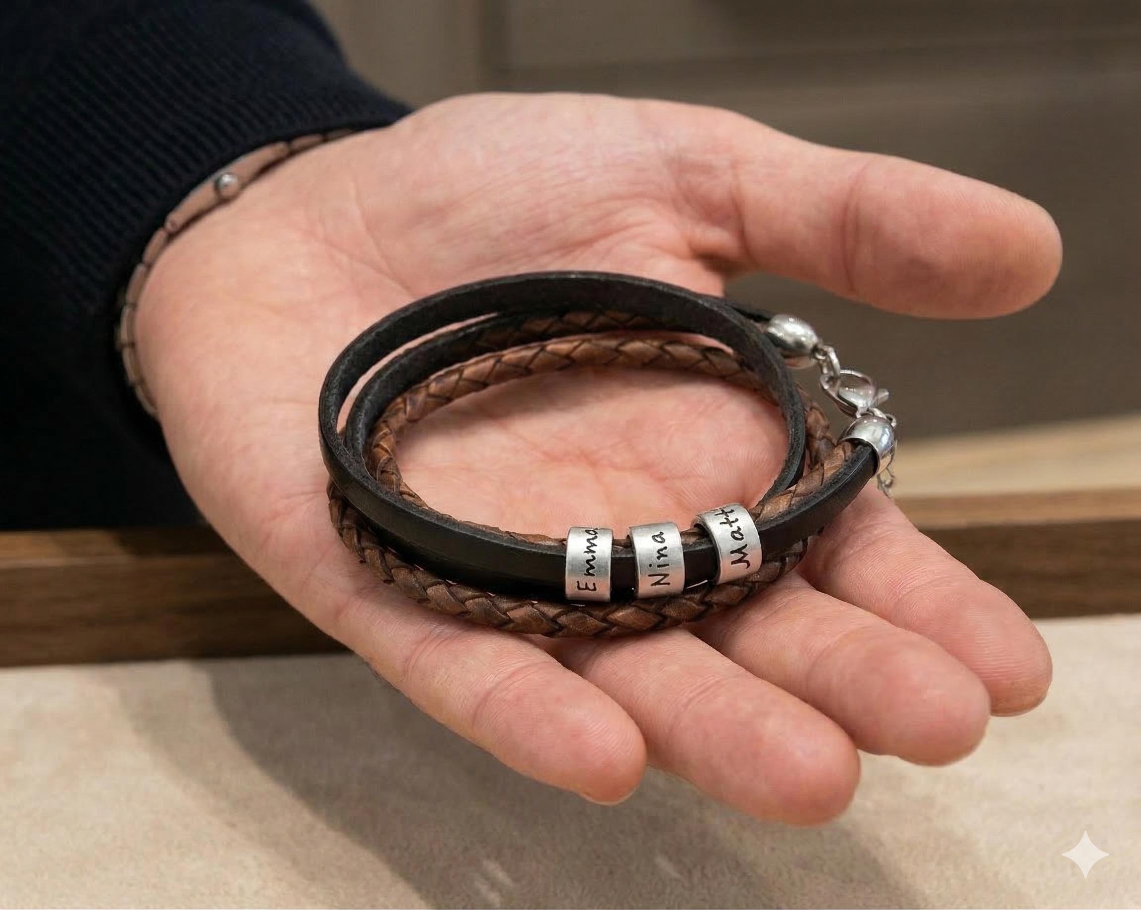 Bracciale in pelle personalizzato per uomo con nome - Bracciale intrecciato in vera pelle e perline in acciaio inossidabile - Regalo per la festa del