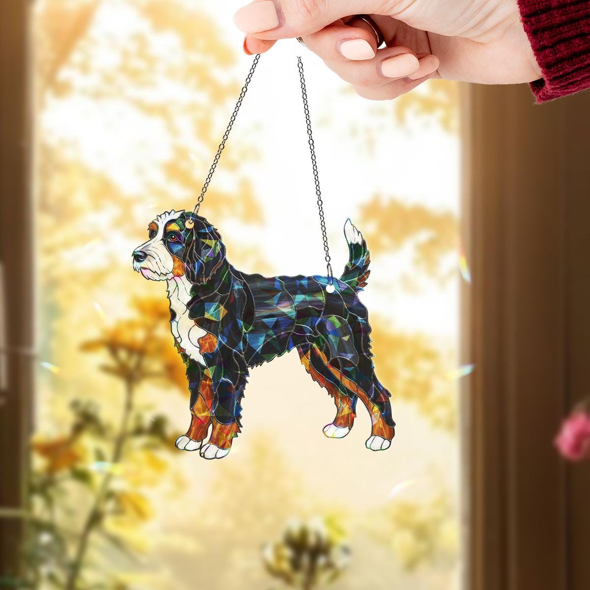 Decorazione da finestra in acrilico Bernedoodle, acchiappasole olografico a forma di cane, decorazione colorata per animali domestici, ornamento in st