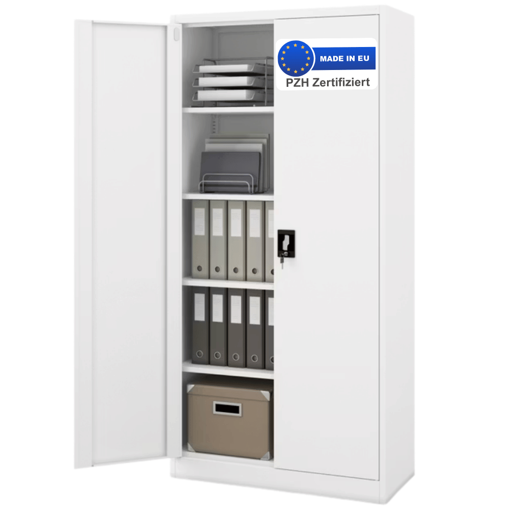 DELUKE Aktenschrank abschließbar KADO - 5 Ebenen, Flügeltüren | Metallschrank Werkstatt Büroschrank aus Stahl Werkzeugschrank, 185x90x40cm Weiß Image