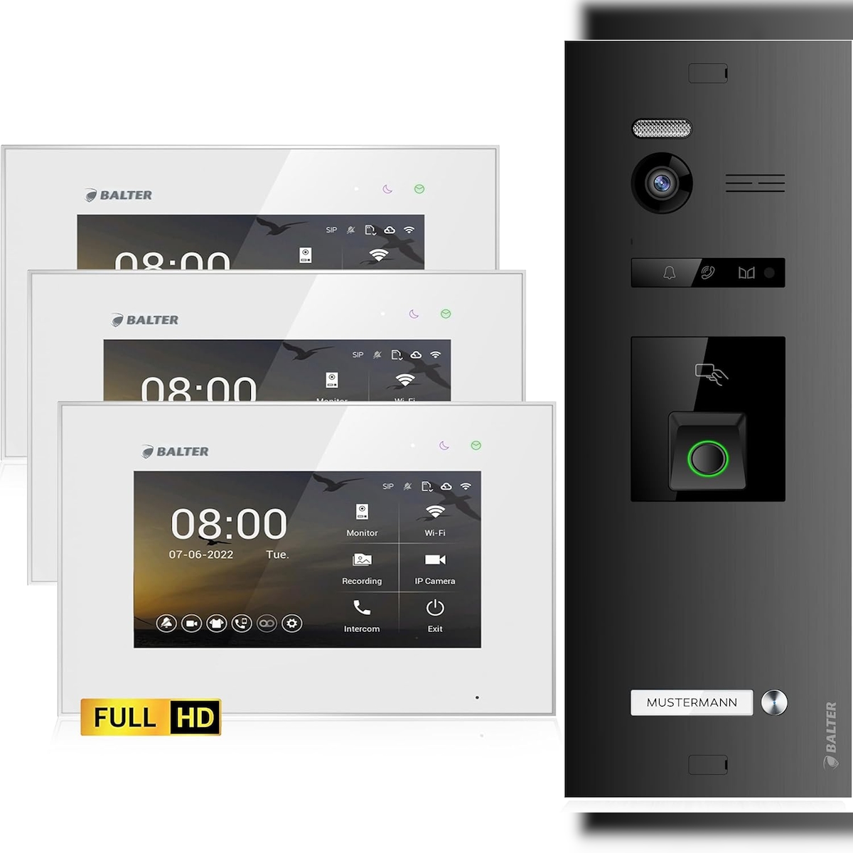 HD Video Türsprechanlage mit Fingerprint RFID und Smartphone App für 1 Familienhaus, 3x Monitore, Balter EVO HD Fingerprint Image