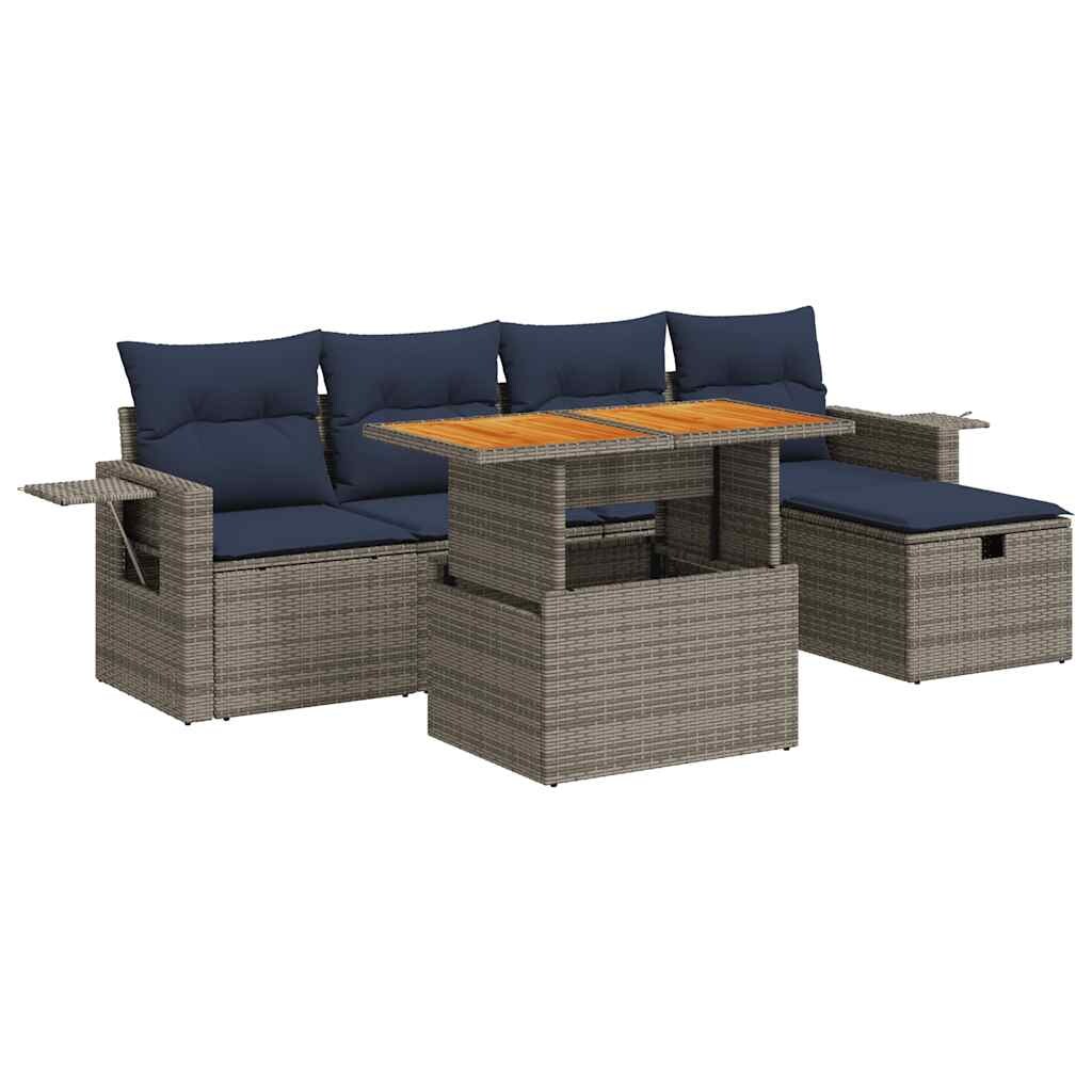 vidaXL 6-tlg. Garten-Sofagarnitur mit Kissen Grau Poly Rattan Akazie Image