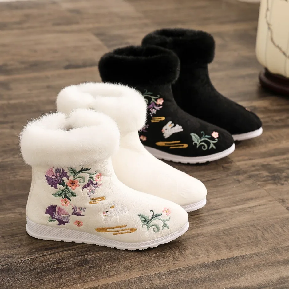 Mode Winter Stiefel frauen Schuhe Ethnischen Stil Gestickte Kurze Stiefel Frauen Warme Schnee Schuhe Weibliche Antike Dance Flache Boot