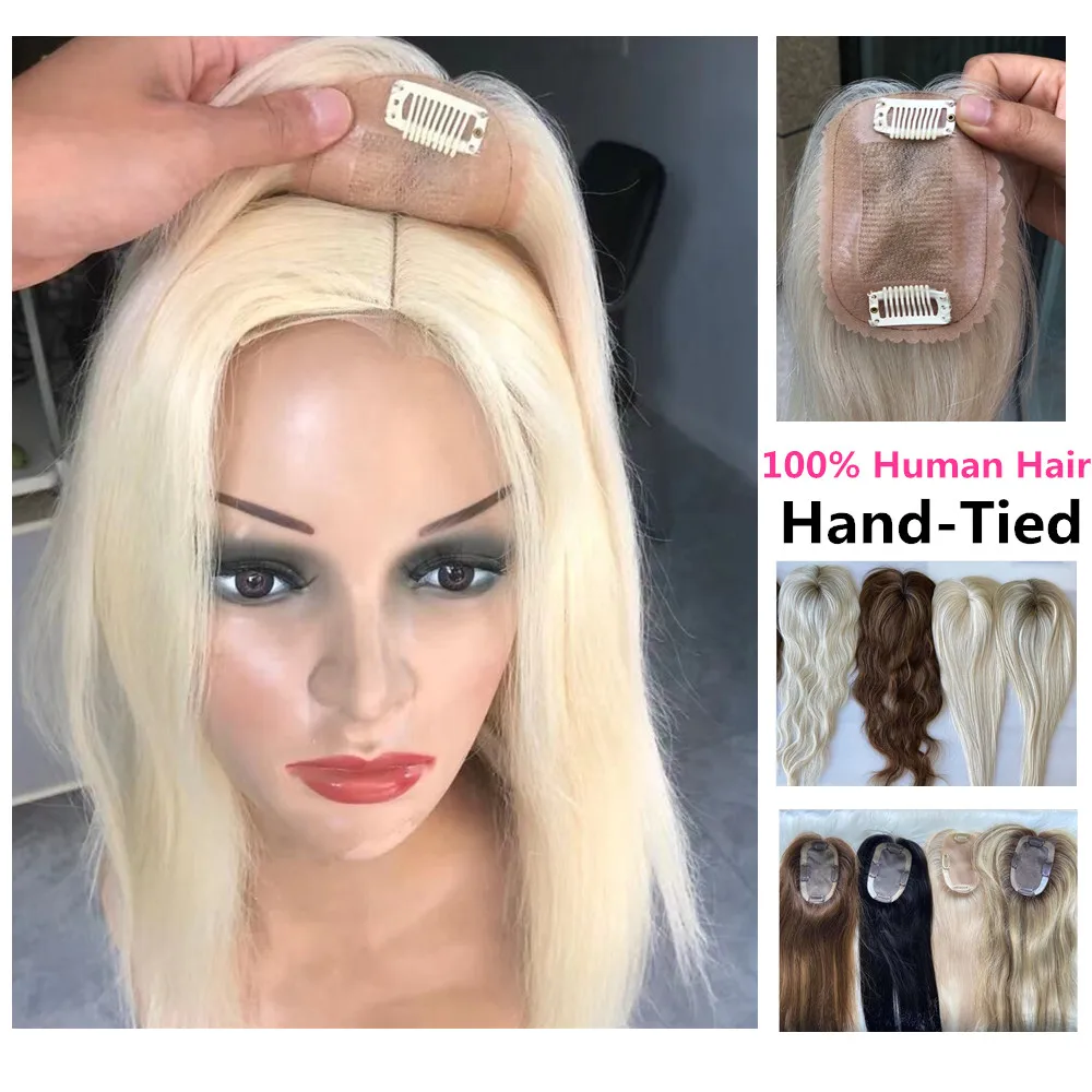 6*9 8*12 seide Basis Haar Topper Für Frauen Blonde Schwarz Braun 18 "Jüdische 100% Menschlichen haar Hand Gebunden Mono Haar Topper Für Haarausfall Image