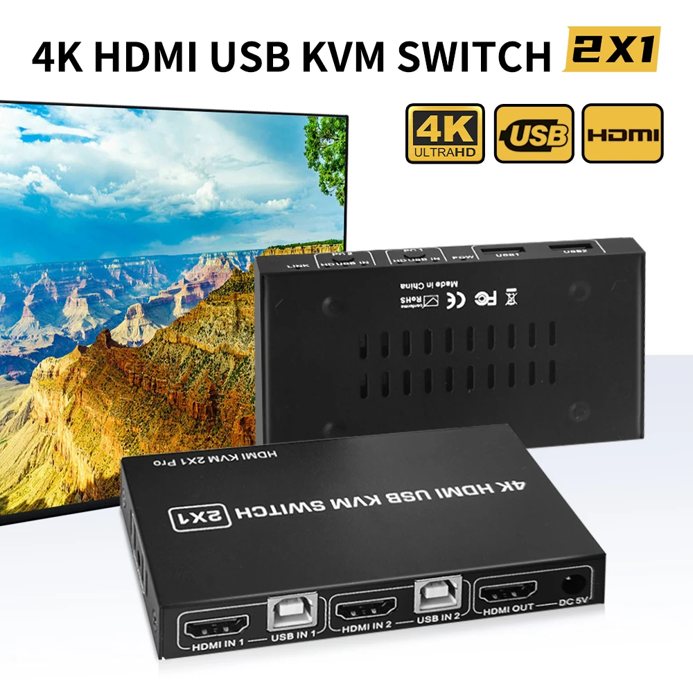 USB HDMI KVM Switch 4K 60Hz 2X1 HDMI 2.0 USB Switch KVM für Dual PC/Laptop Sharing Tastatur Maus Monitor 2-in-1 KVM Image