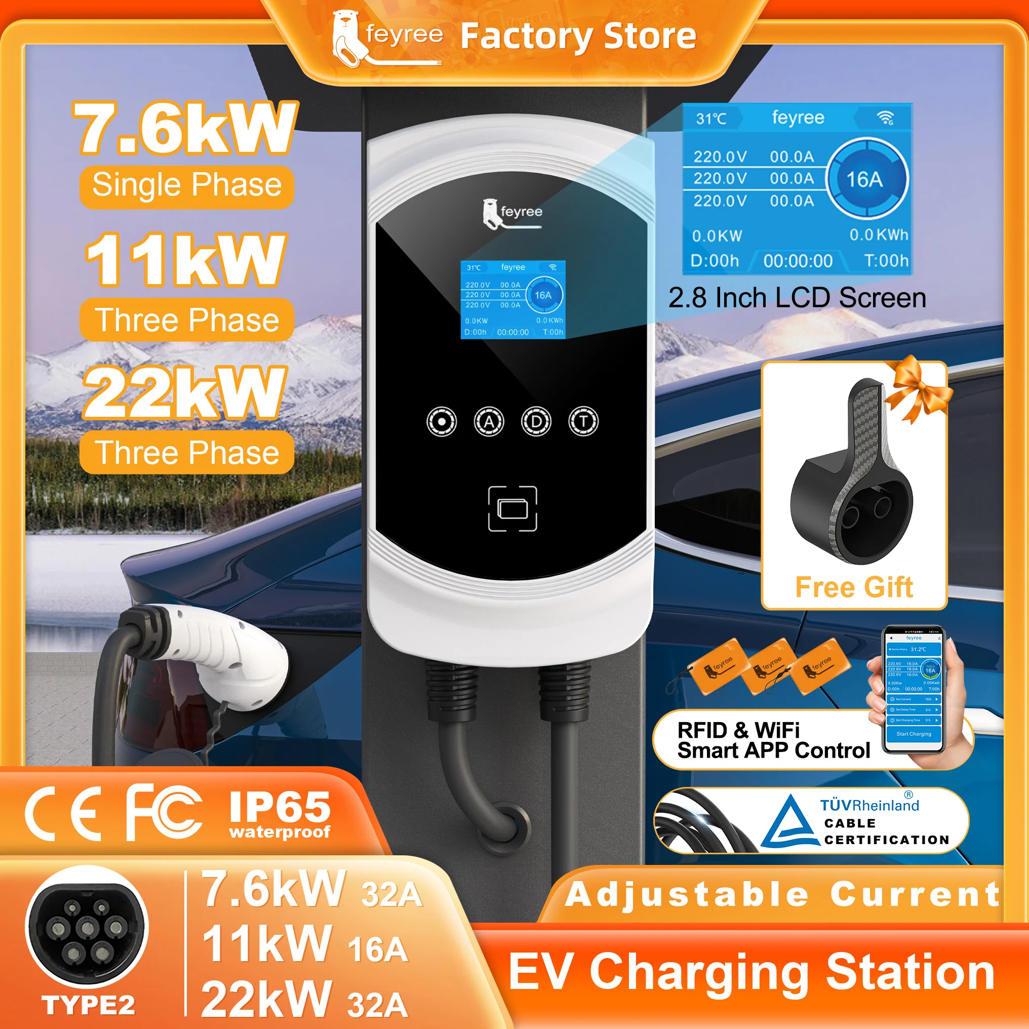 Feyree EV-Ladegerät 32A 7,6 kW Typ2 Kabel Autoladegerät EVSE Wallbox 11 kW 22 kW 3 Phasen IEC62196-2 Steckdose APP-Steuerung für Elektroauto Image