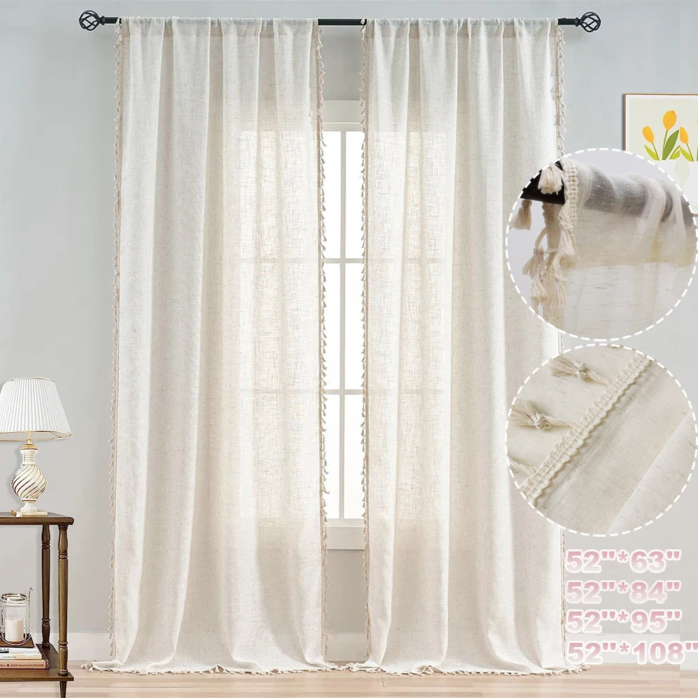 Baumwoll-Leinen-Vorhänge für Wohnzimmer, Boho-Creme, halbtransparente Fenstervorhänge, Stangentasche, Quaste, Schlitz oben, Voile, durchsichtige Vorhänge, Paneele Image