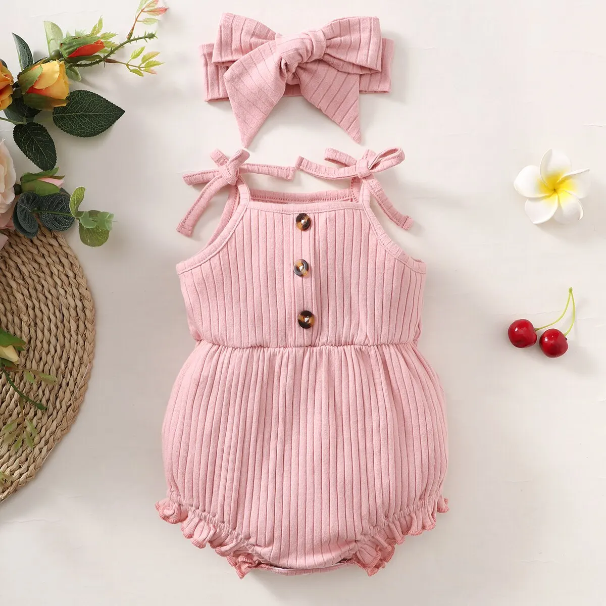0-9 Monate Neugeborenes Baby Stram pler rosa gerippte Schlinge Bodysuit Kopf bedeckung Sommer Mode niedlichen Knopf Dekoration Overall Image