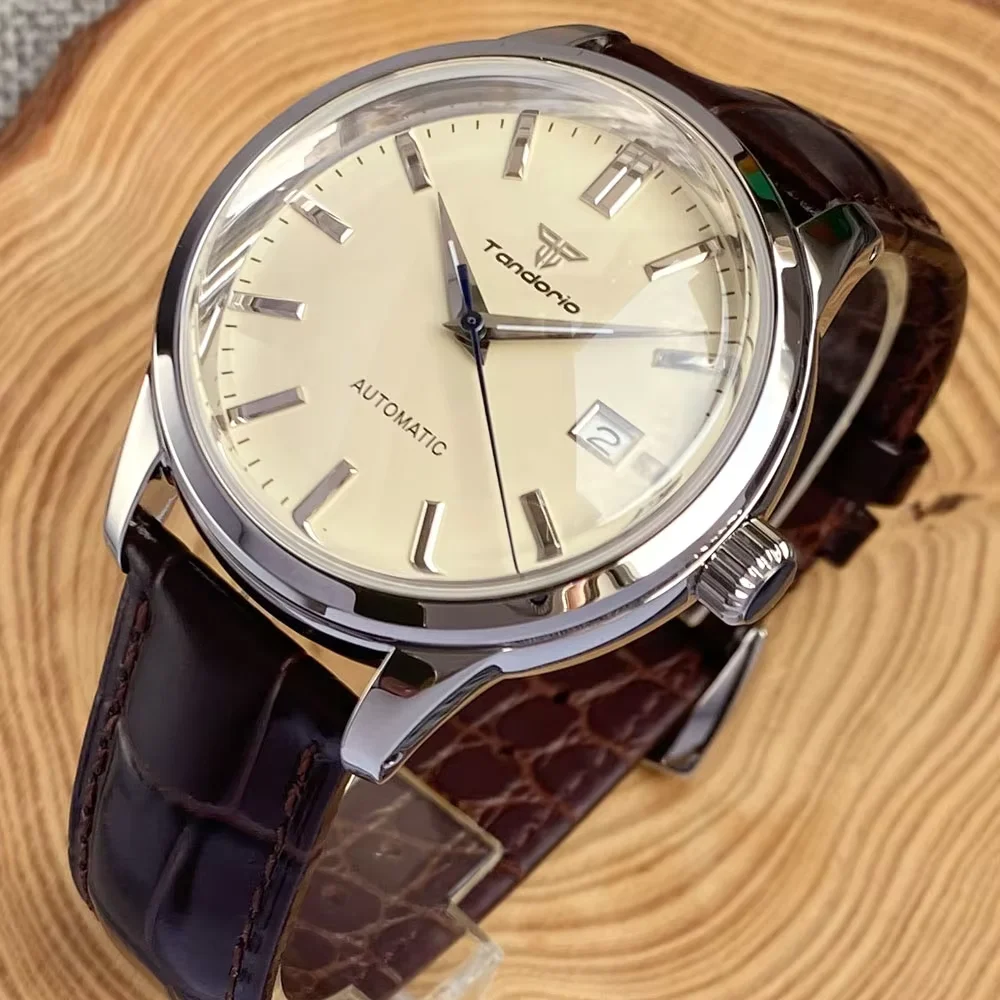 Tandorio 40 mm NH35 Automatik 200 m Taucheruhr für Herren, beiges Zifferblatt, Blasensaphirstahl, poliertes Gehäuse, Glasrückseite, Schraubkrone Image