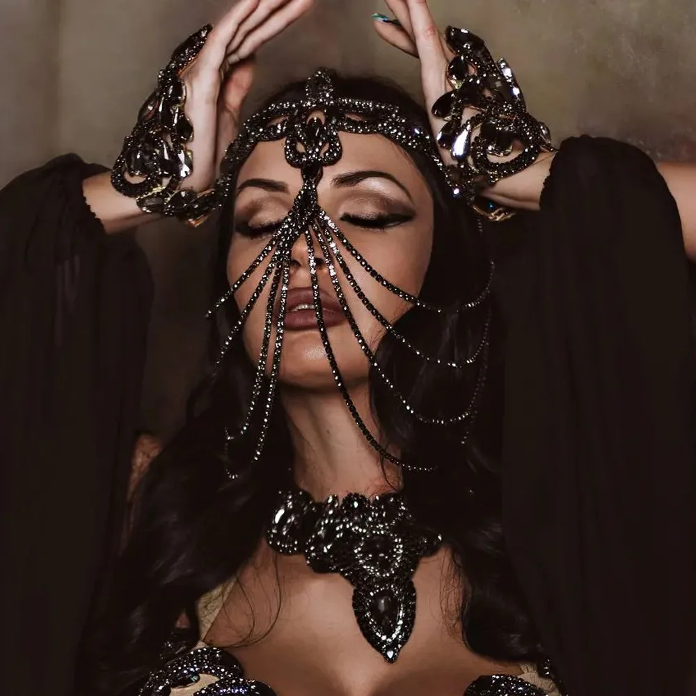 Stonefans Schwarz Layered Maske Vollgesichtsmaske für Frauen Sexy Schmuck Kostüm Haar Karneval Club Verkleidung Rave Accessoires Cosplays Geschenk Image