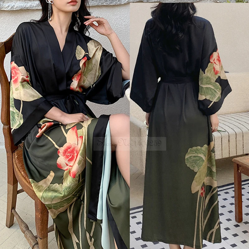 Neue Frühling Sommer Weibliche Lange Robe Nachthemd Sexy Druck Blume Kimono Bademantel Kleid Casual Seide Satin Hause Kleid Lounge Tragen Image