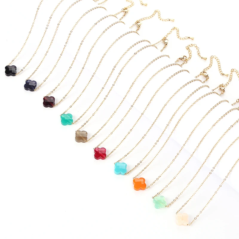 Modeschmuck Damen Exquisite Mini Classic Cut Gem Clover Kristall Anhänger 18k vergoldete wasserdichte Edelstahl Halskette Image