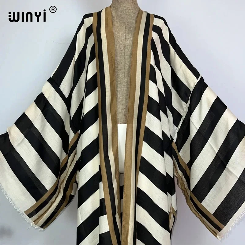 WINYI Kimono Afrika Sommer Boho Streifendruck Strandbadebekleidung Elegante Strickjacke sexy Urlaub Maxi Strandkleidung Badeanzug Abendkleid Image
