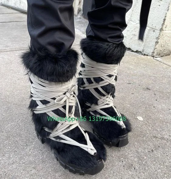 Dame pelz punk stil lace-up kalb stiefel feder sexy schwarz T ZEIGEN kleid stiefel Y2K stil täglichen höhe top stiefel schuhe größe 46