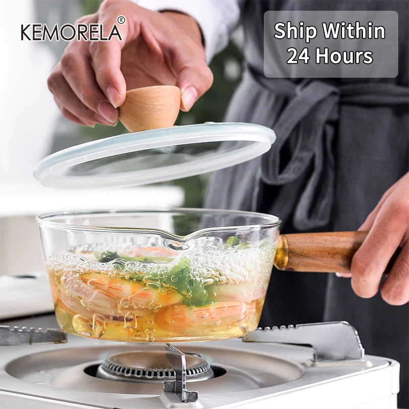 400 ml/600 ml Glas Milch Topf Mit Holzgriff Transparent Kochen Heizung Milch Suppe Nudel Haushalt Küche Kochgeschirr Ton lager Image