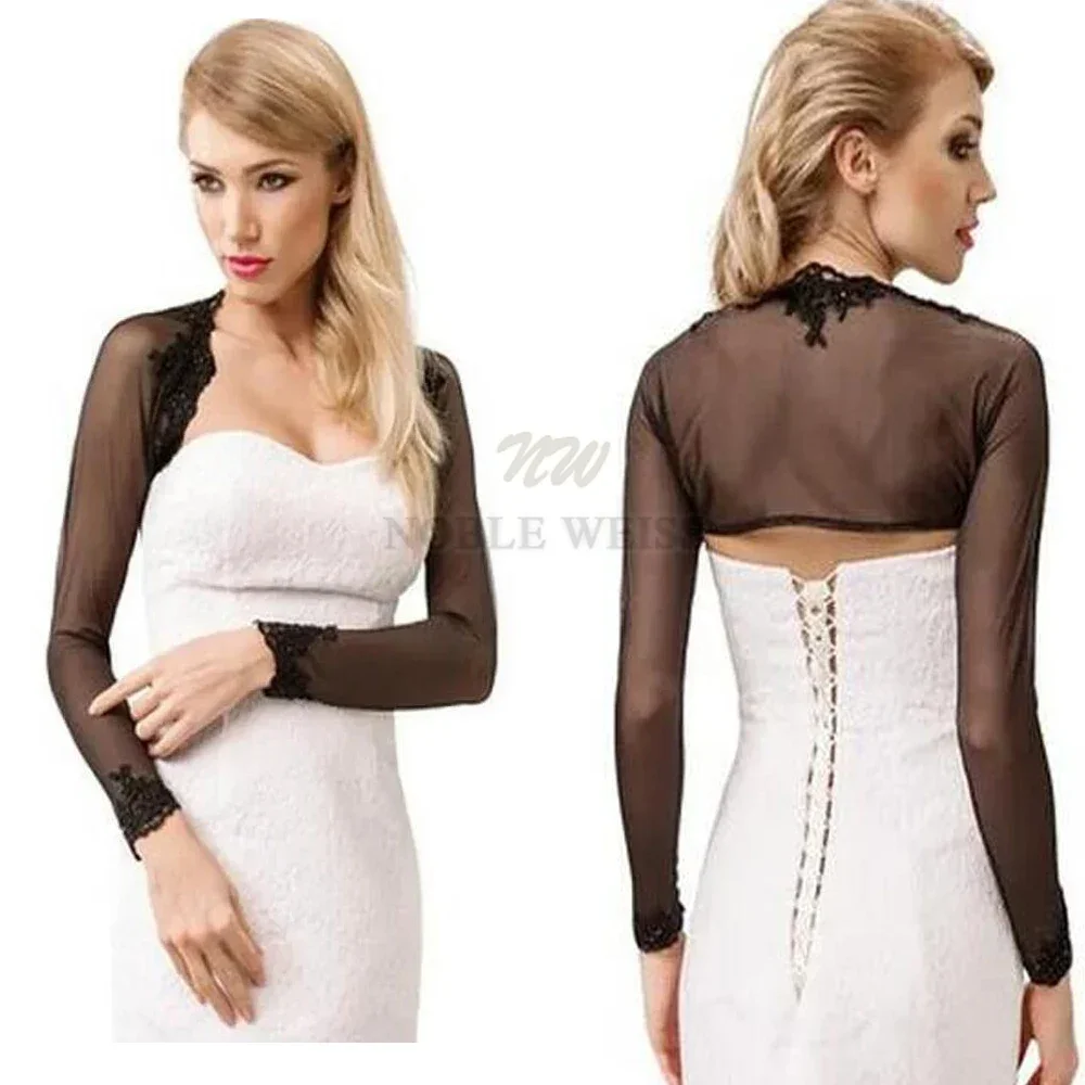 Sommerkollektion, langärmelig, schwarzer Bolero, formelle Braut-Spitzenjacke, hochwertiger Tüll, Hochzeits-Bolero, individuell gestaltet Image