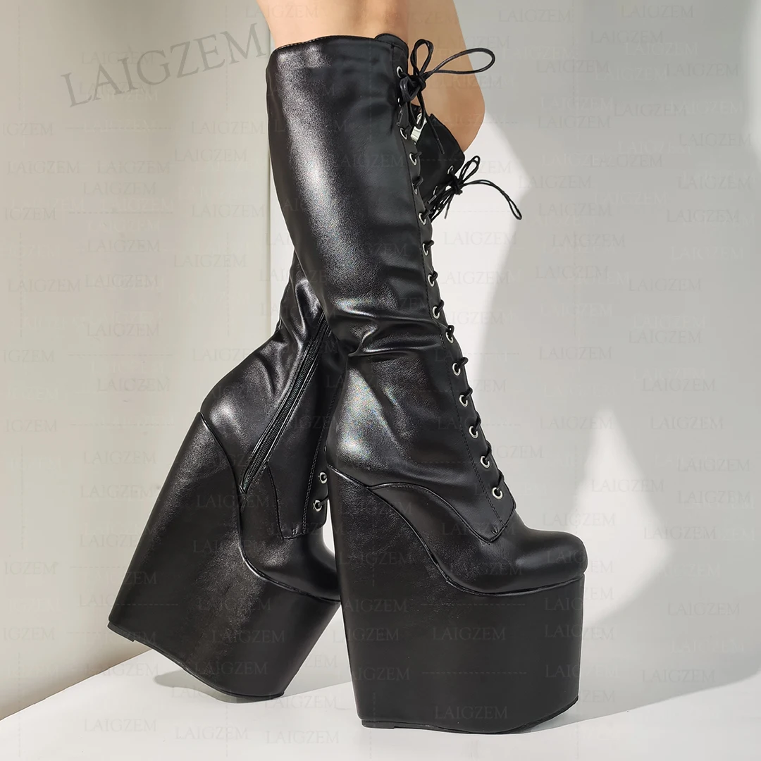 Laigzem Frauen kniehohe Stiefel Plattform keile voller Reiß verschluss 20cm super hohe hohe Stiefel hand gefertigte Schuhe Frau große Größe 37 41 43 47