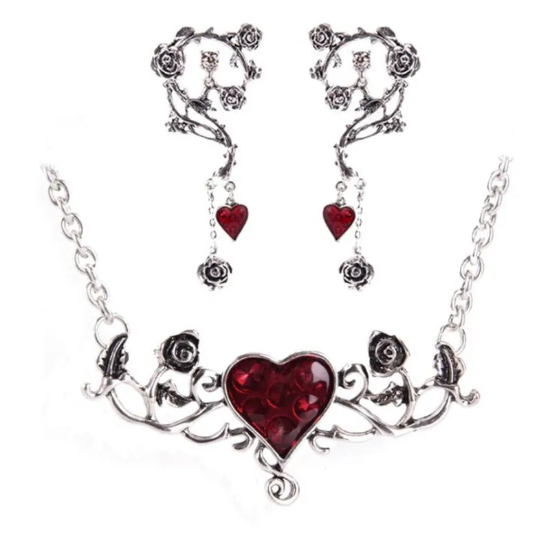Vintage-Schmuck-Set Rot Herz Rose Halskette Ohrringe Sets Punk Goth Zubehör Halsband Drop Ohrring Täglichen Tragen Halloween-Party