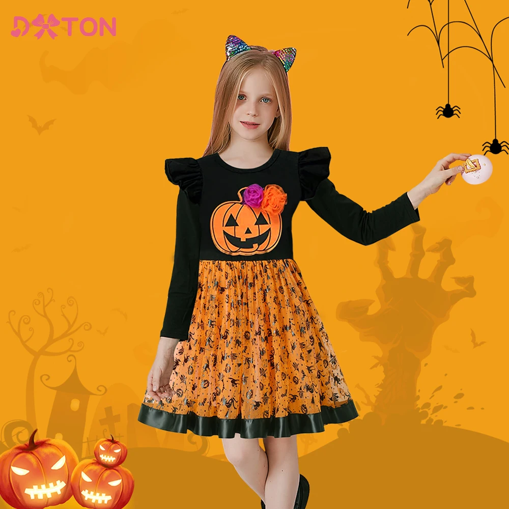 DXTON Halloween-Kleid für Kinder, Mädchen, Kleinkinder, Kürbis, Spinne, Hexe, Aufdruck, Tutu, Prinzessinnenkleider, Kinder-Cosplay-Kostüme, Partykleid Image