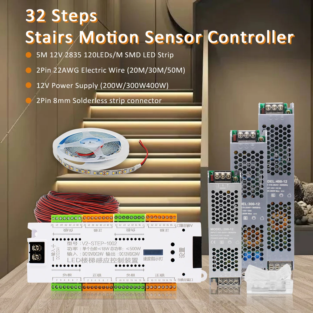 32-Kanal-Treppen-LED-Streifen, Bewegungsmelder-Controller, DC 12 V, 24 V, Nachtlicht, automatische Innentreppe, flexible LED-Bandlampe