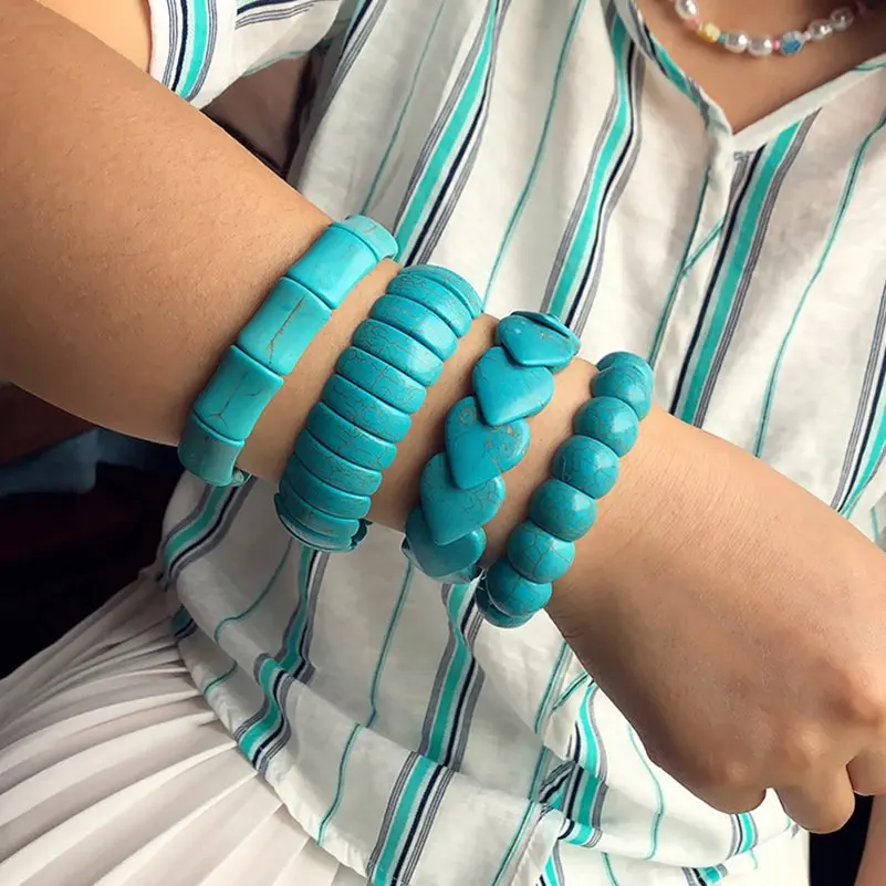 Bohemian Vintage Türkis Armbänder Geometrische Herz Perlen Blau Naturstein Armband Für Männer Frauen Elastische Schnur Schmuck
