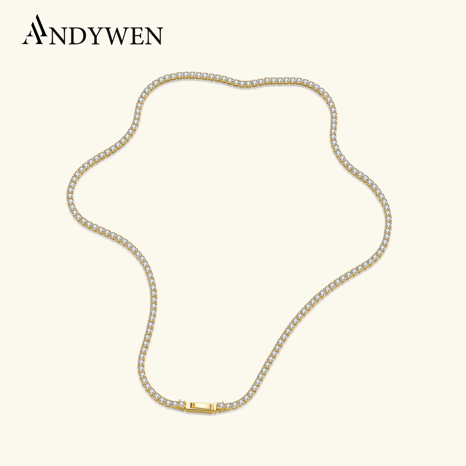 ANDYWEN 925 Sterling Silber Gold 2mm Tennis Kette Choker Halskette Lange Kette 37,5 cm Frauen Party Hochzeit Edlen Schmuck 2023 Image
