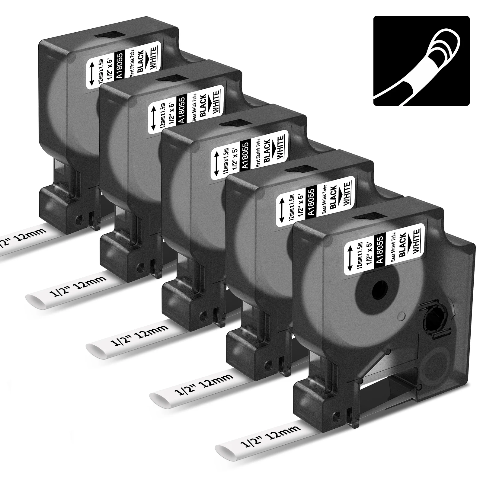 5pk Nashorn-Schrumpf schlauch 18055 schwarz auf weiß 12mm kompatibel für Dymo Rhino Industrial Label Maker Etiketten band für Rhino5200 Image