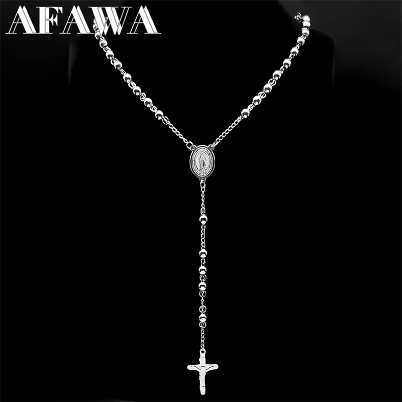 Religiöse katholische Jungfrau Maria Jesus Kreuz Rosenkranz Halskette für Männer Frauen Edelstahl christlicher Christus lange Kette SchmuckZZZ Image
