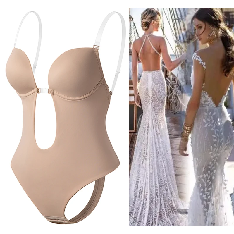 Unsichtbarer Shaper BH sexy Bodysuit Korsett rücken frei tief V-Ausschnitt u Tauchen Tanga Taillen trainer klarer Riemen gepolstert Push-up Shape wear Image