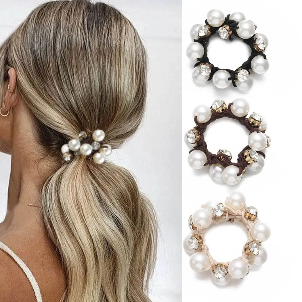 Einfache Kunstperle Haarseil Kristall Perlen Haargummi Niedlicher Pferdeschwanzhalter Strass Haarbänder Haarschmuck für Frauen Image