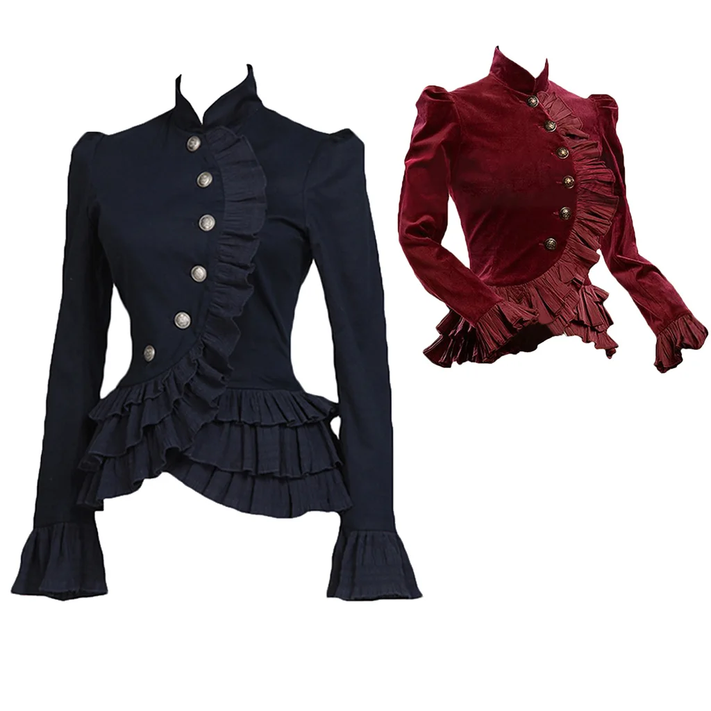 Frauen Vintage Gothic Schwarz/Rot Jacke Medieval Steampunk Mantel Lange-ärmeln Rüschen Jacke Mode retro Viktorianischen Gothic Outwear