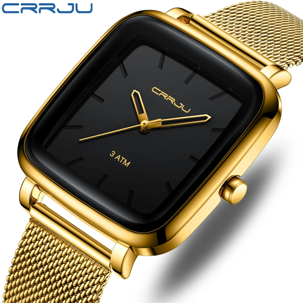 CRRJU Herrenuhren Top-marke Luxus Quadrat Golden Quarz Beiläufige Dünne Mesh Stahl Wasserdichte Uhr Relogio Masculino Image