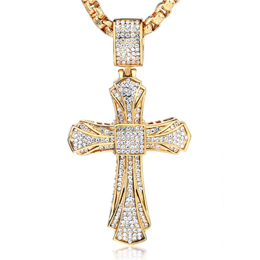 Hip Hop Iced Out Bling Big Kreuz Anhänger Männlichen Gold Farbe Edelstahl Christian Halskette Für Männer Schmuck Dropshipping