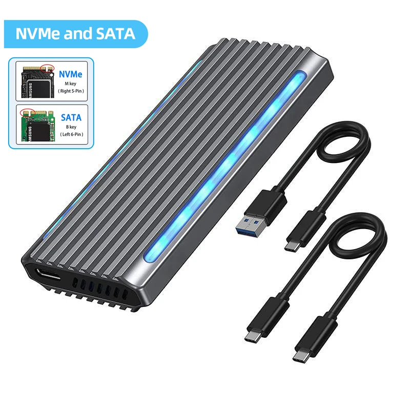 M.2 nvme ngff ssd gehäuse usb 3,1 typ-c 10gbps sata hdd box//rgb led dual protokoll m2 ssd gehäuse box Image