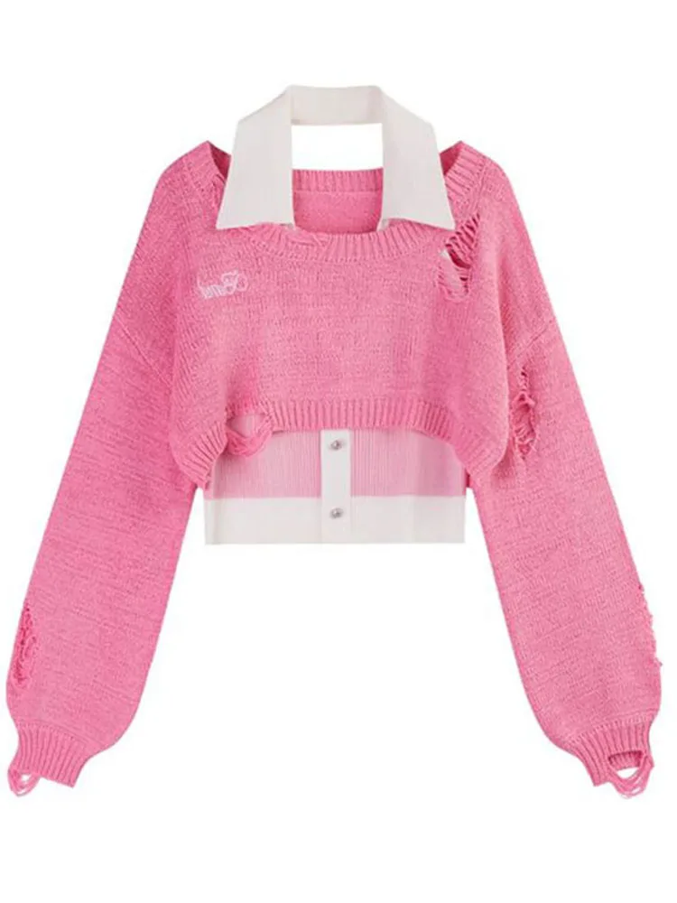 Rosa Y2k frauen Pullover Langarm Crop Tops Gefälschte Zwei-Stück Sexy Halter Baggy T-shirt Frühling Harajuku Kawaii pullover Pullover